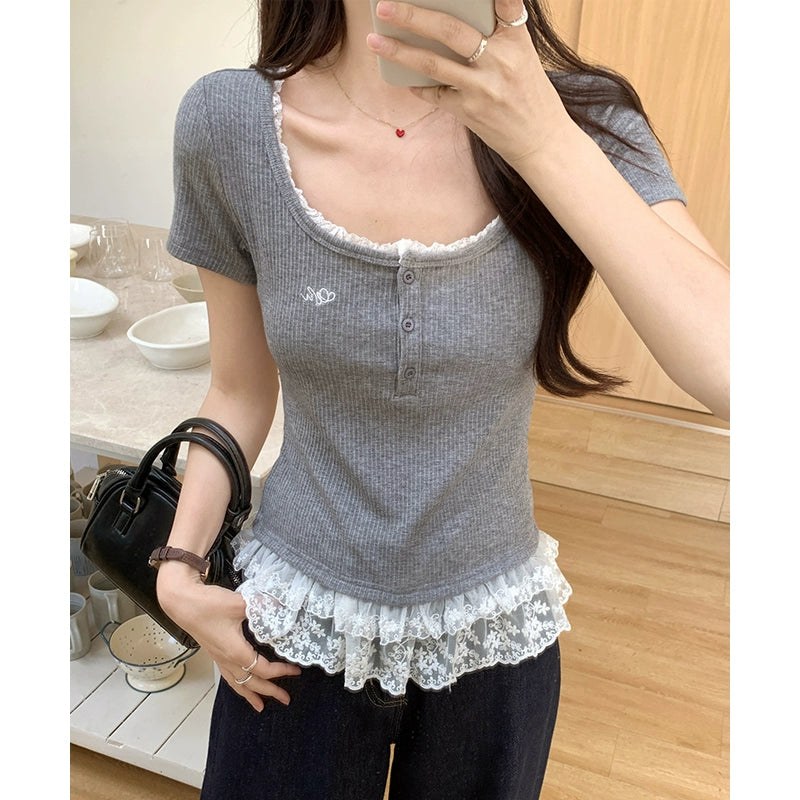 レースフリルスクエアネックTシャツ