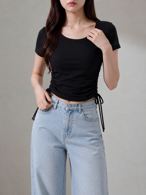 ラウンドネックサイドギャザーTシャツ