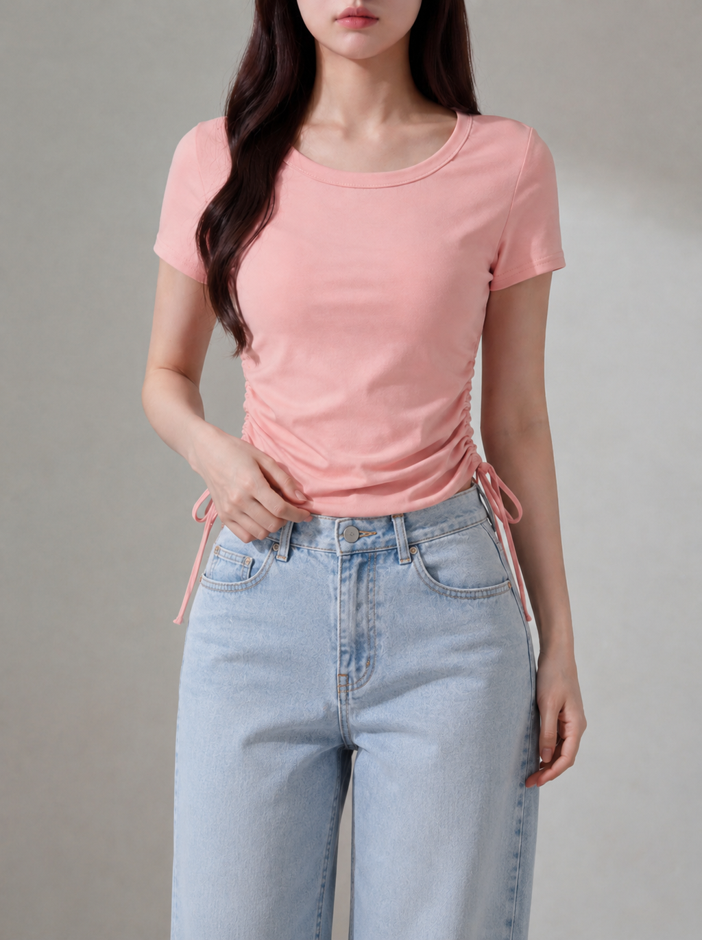 ラウンドネックサイドギャザーTシャツ