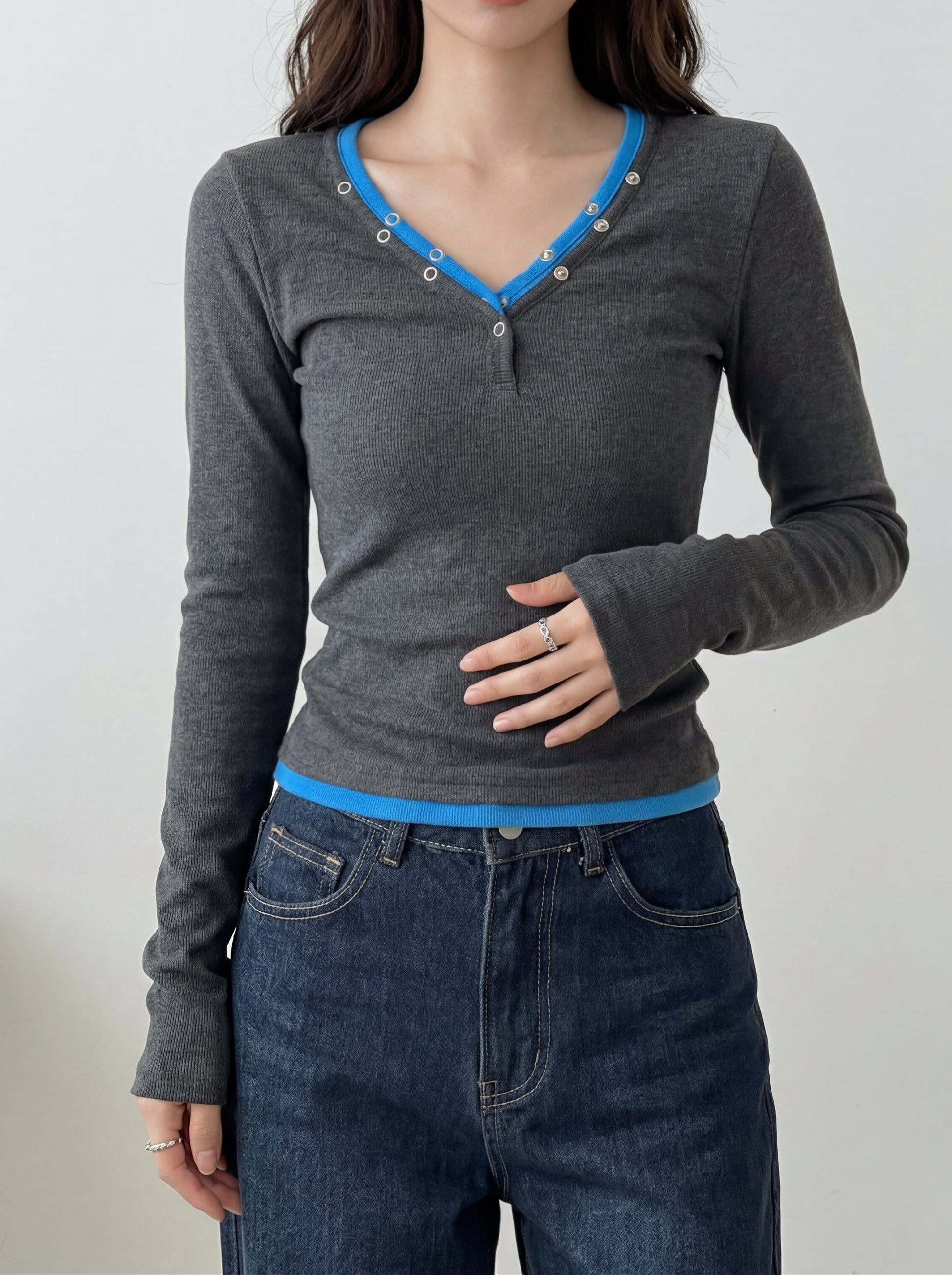 ドッキングバイカラーヘンリーネックリブトップス