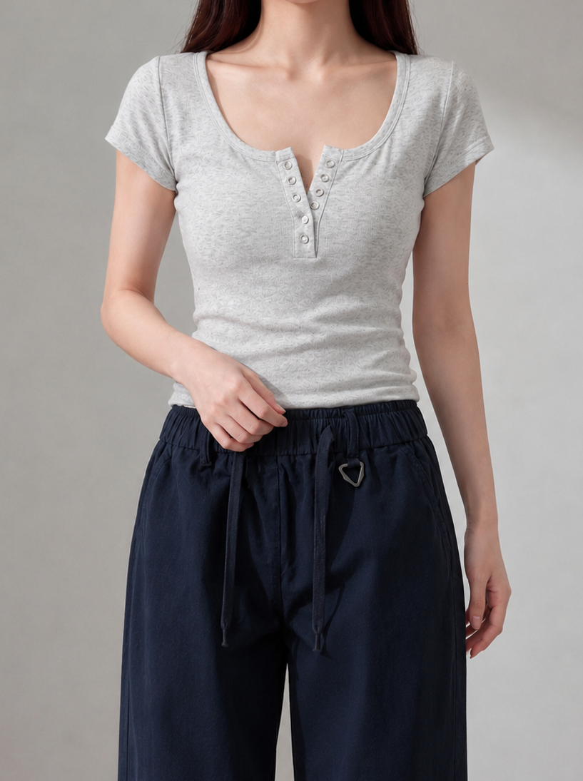 ベーシックリブヘンリーネックTシャツ
