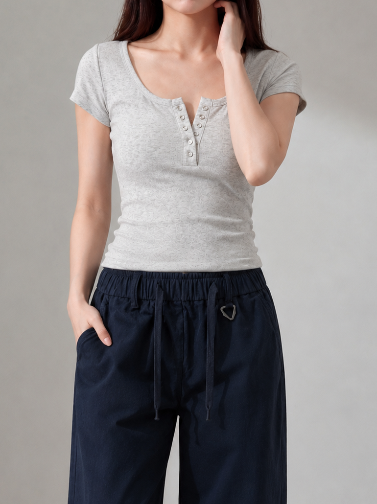 ベーシックリブヘンリーネックTシャツ