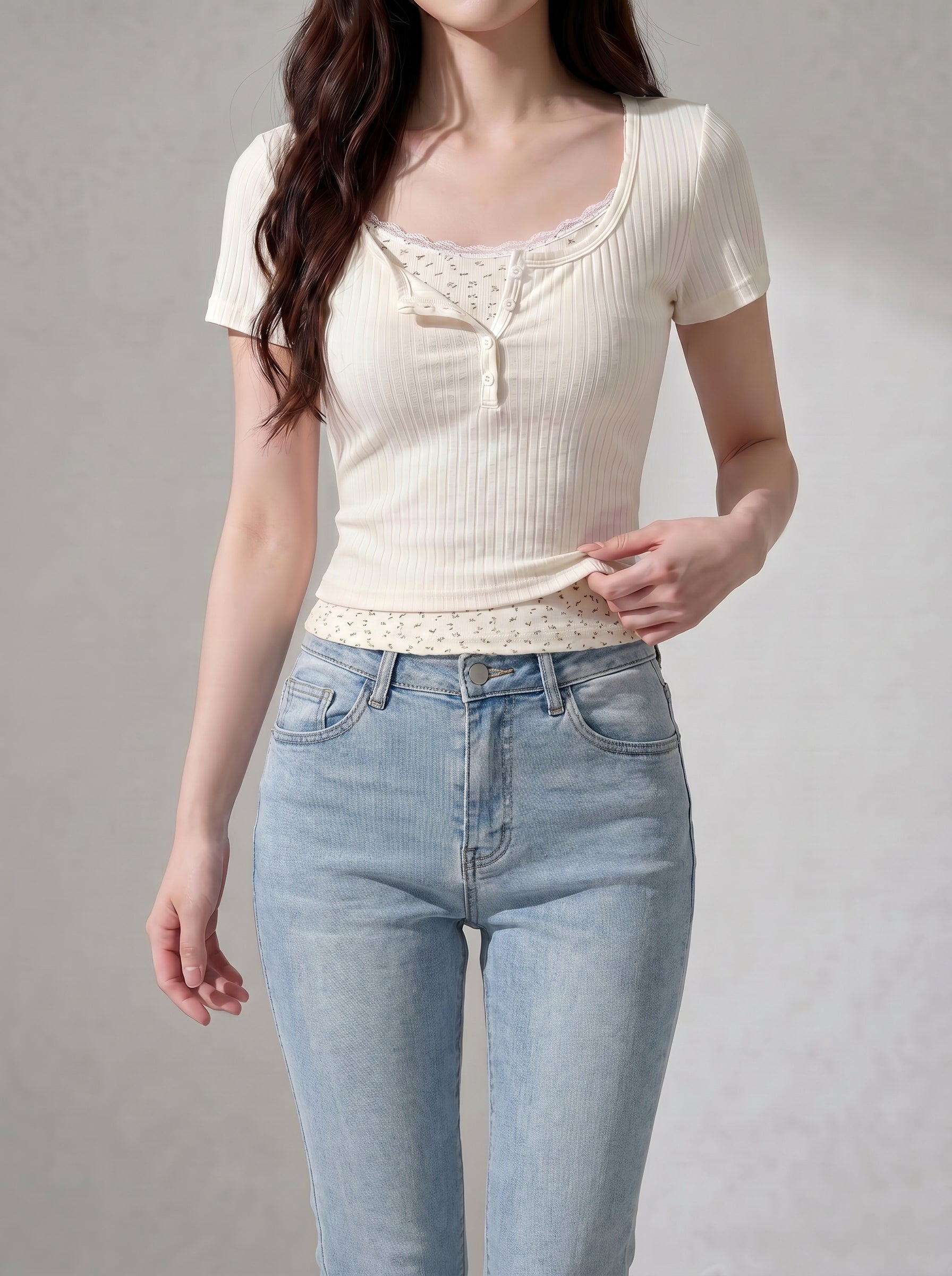 レースレイヤードリブTシャツ