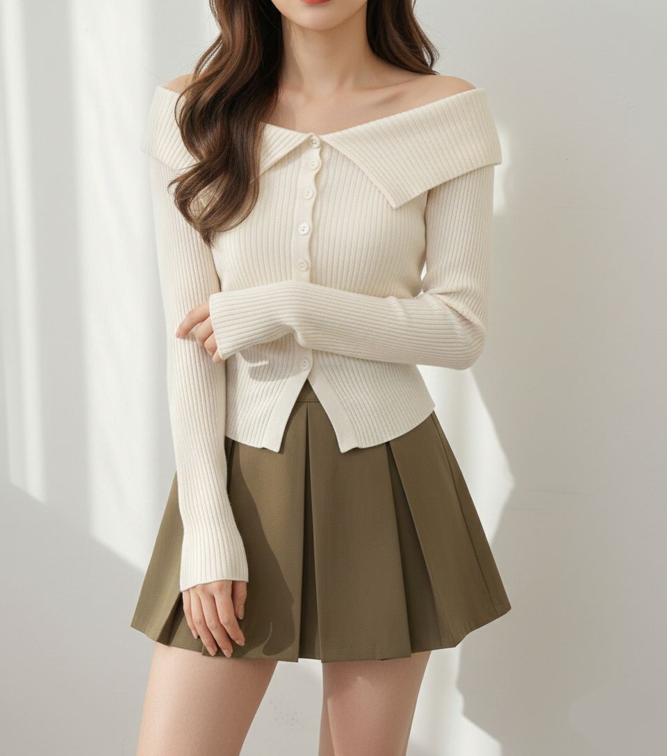 リブオフショルカラーニットトップス