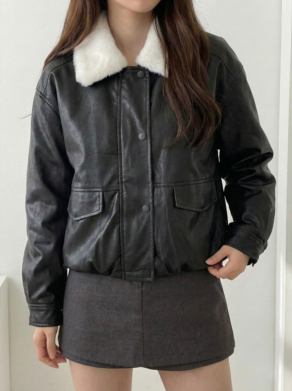 フェイクファーPUレザーショートブルゾン