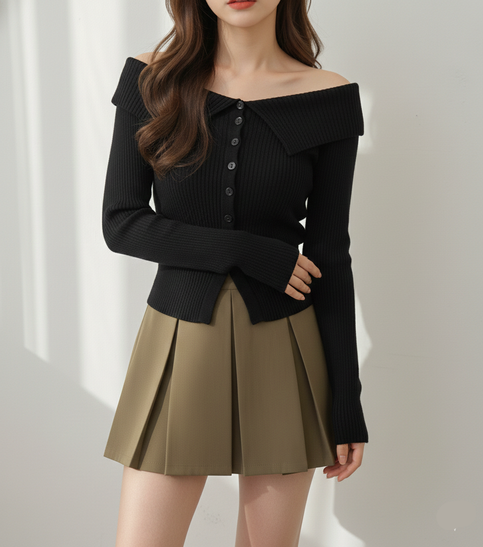 リブオフショルカラーニットトップス