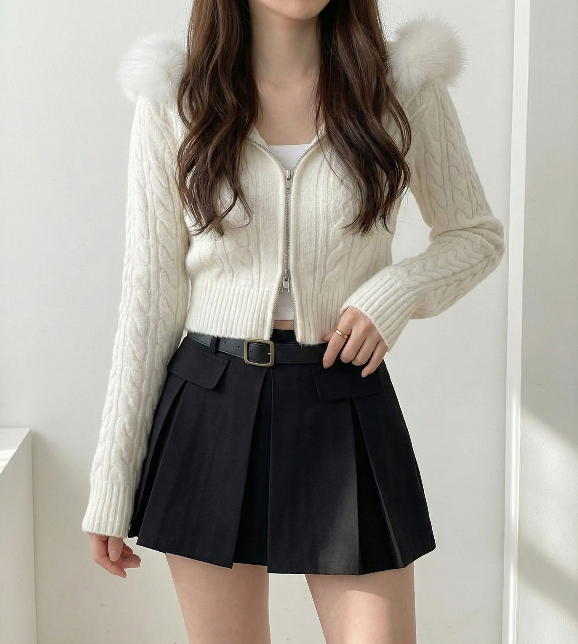 ファーフードジップニットトップス