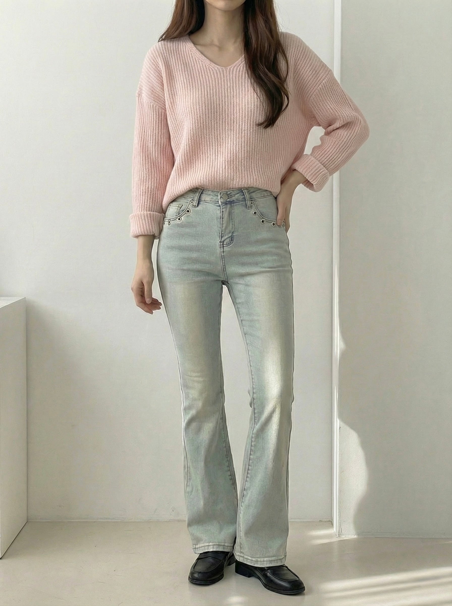 ウエストカットアウトスリムフレアデニム