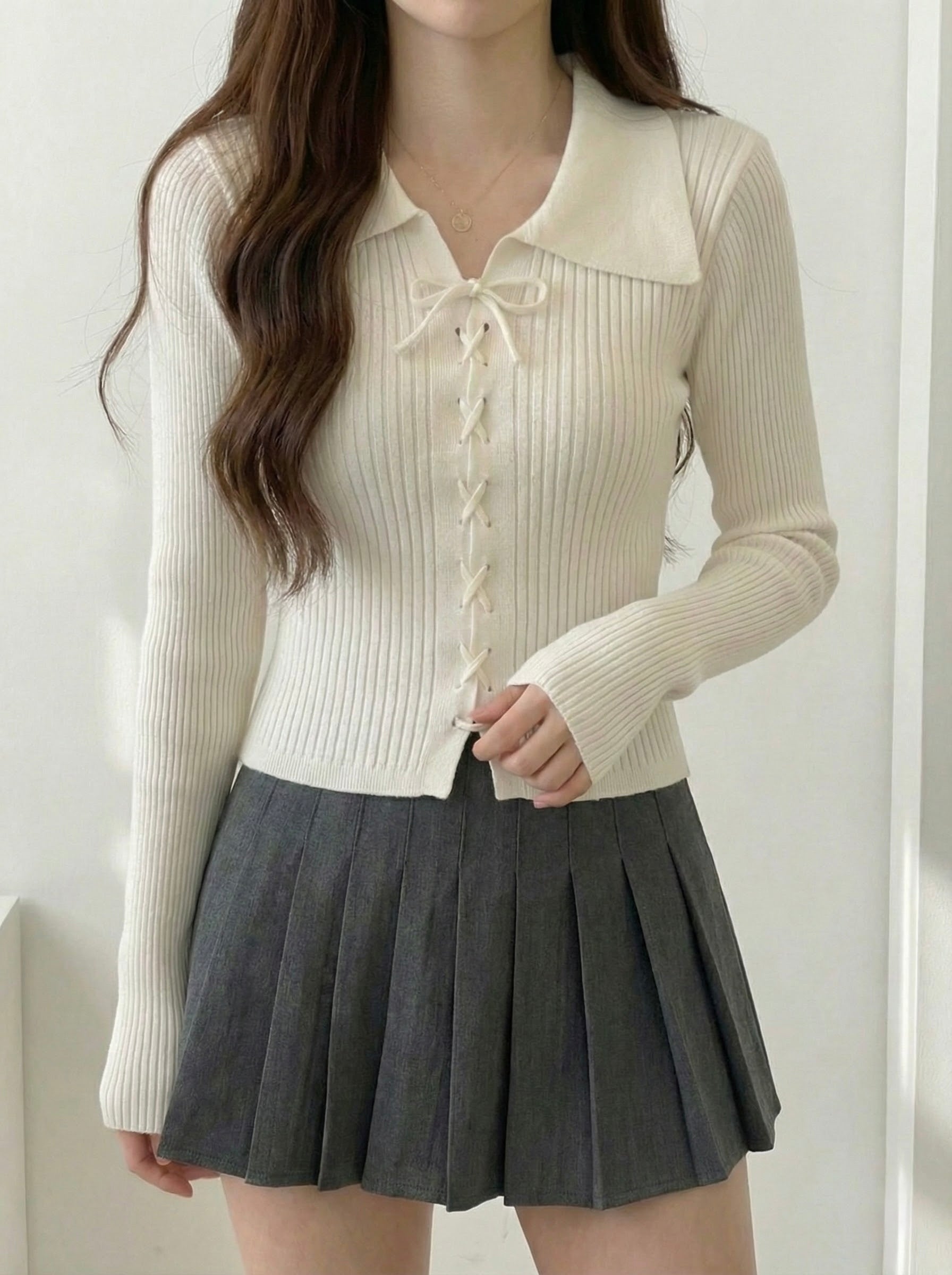 リボンデザインリブポロニット