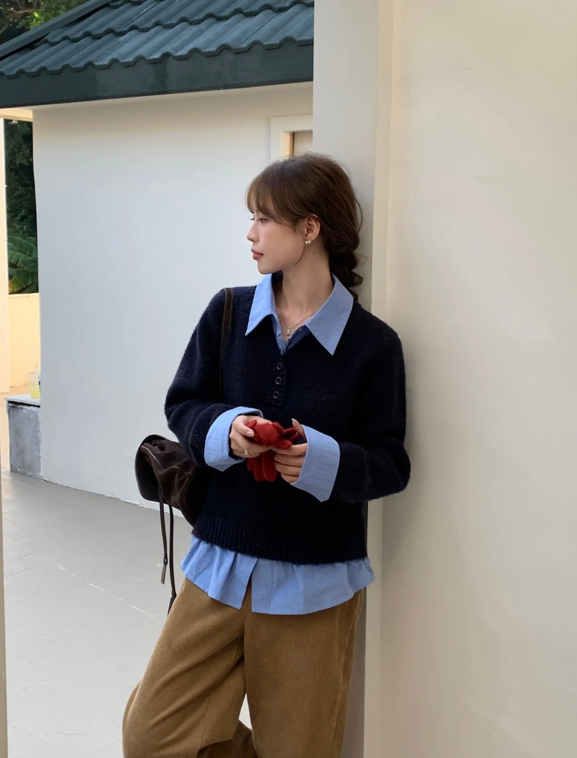 シャツドッキングボタンニット