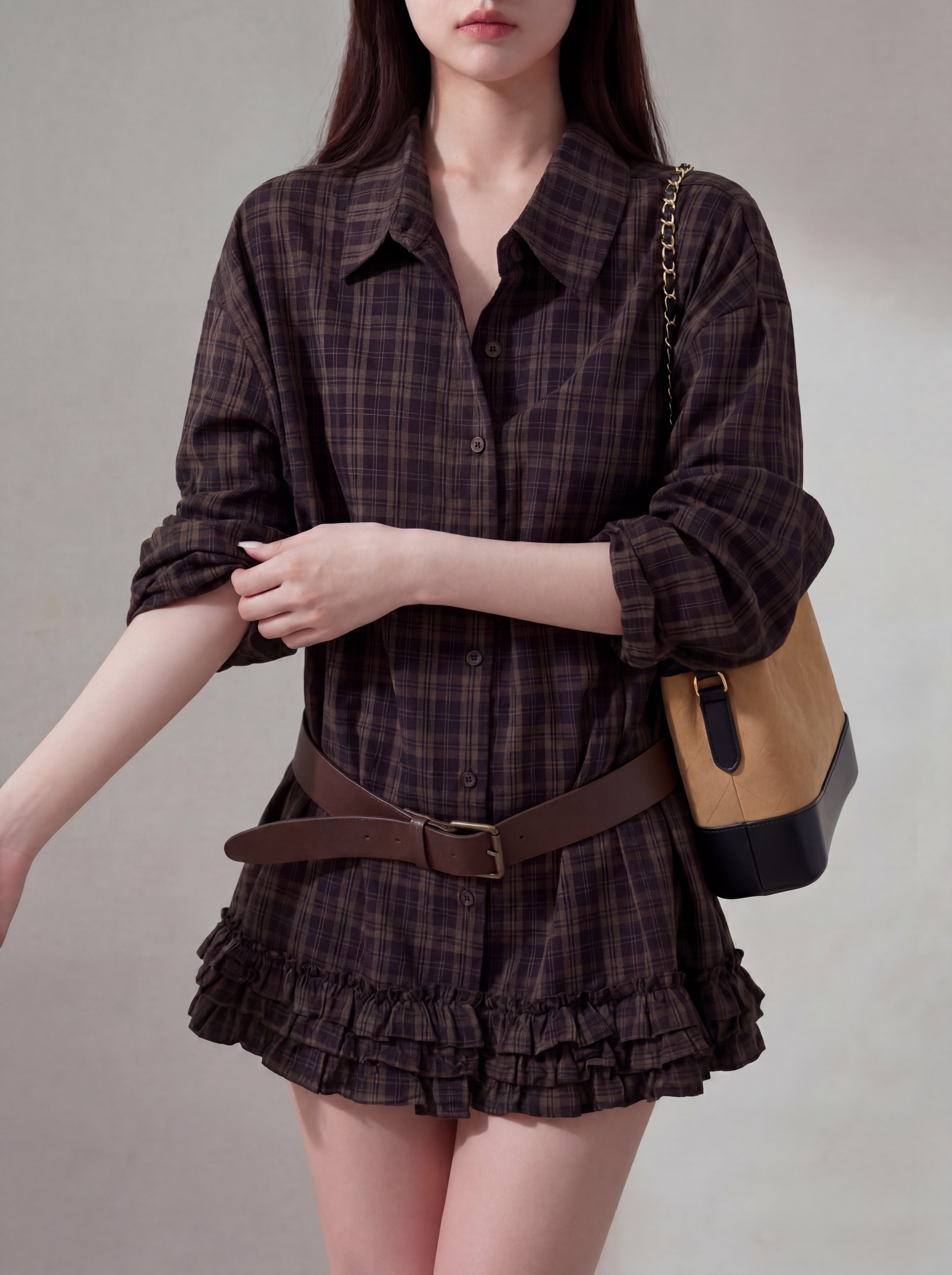 美品＊カレンソロジー バンドカラー シャツ ワンピース ベルト チェック 美品＊カレンソロジー バンドカラー シャツ ワンピース ベルト