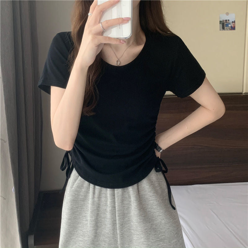 ラウンドネックサイドギャザーTシャツ