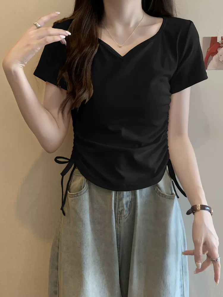サイドギャザーVネックTシャツ