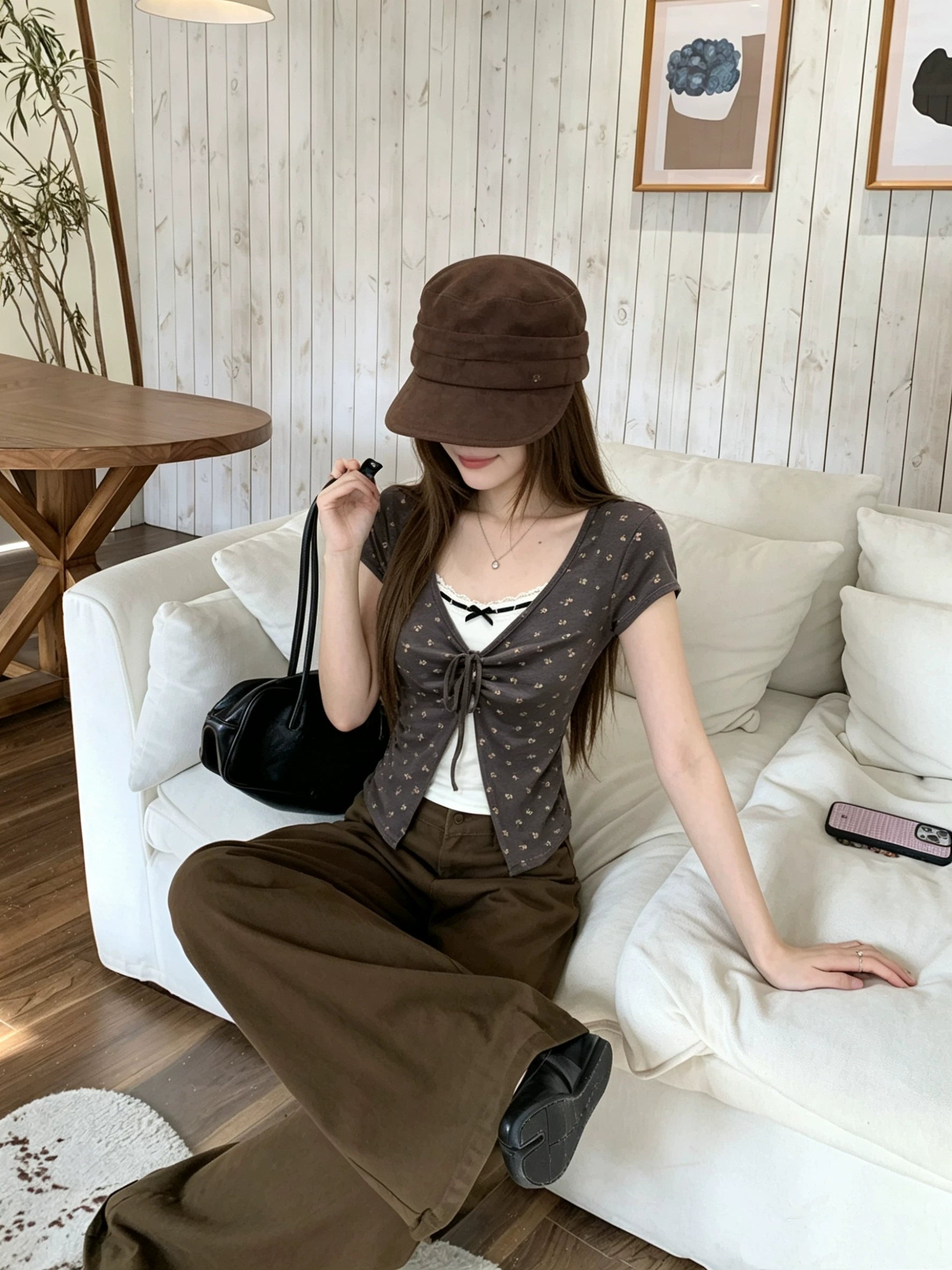 フェイクツーピースレースアップTシャツ