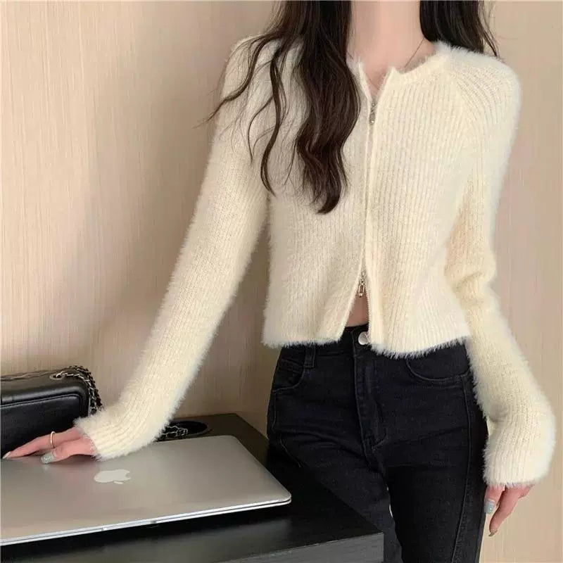 ダブルジップシャギーニットカーディガン