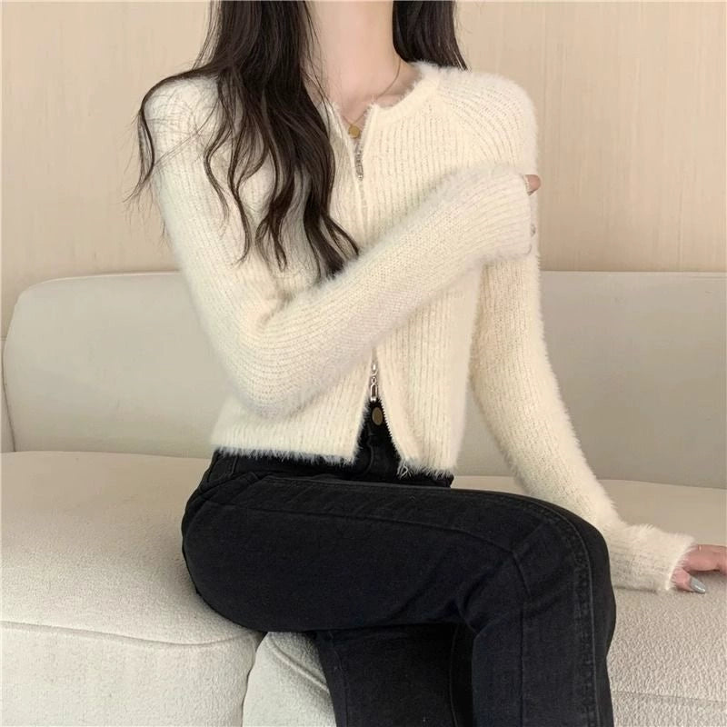 ダブルジップシャギーニットカーディガン