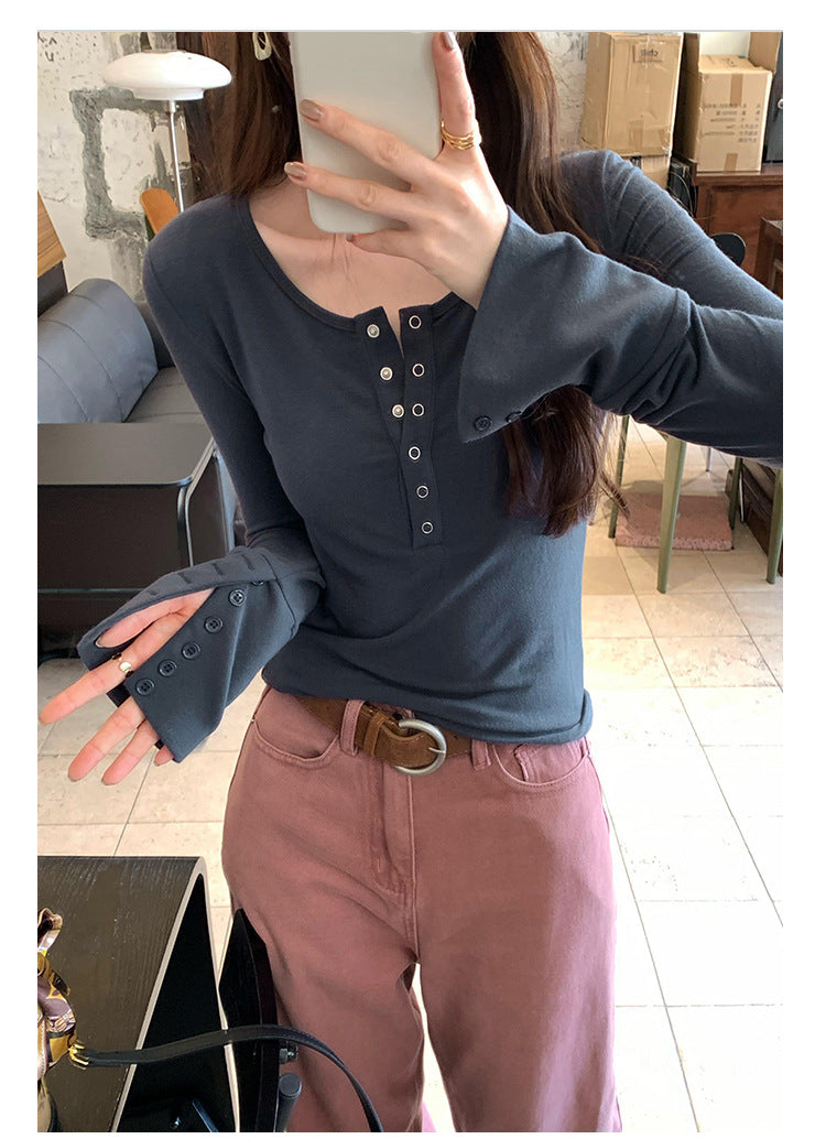 ハーフボタンラウンドネックロングTシャツ