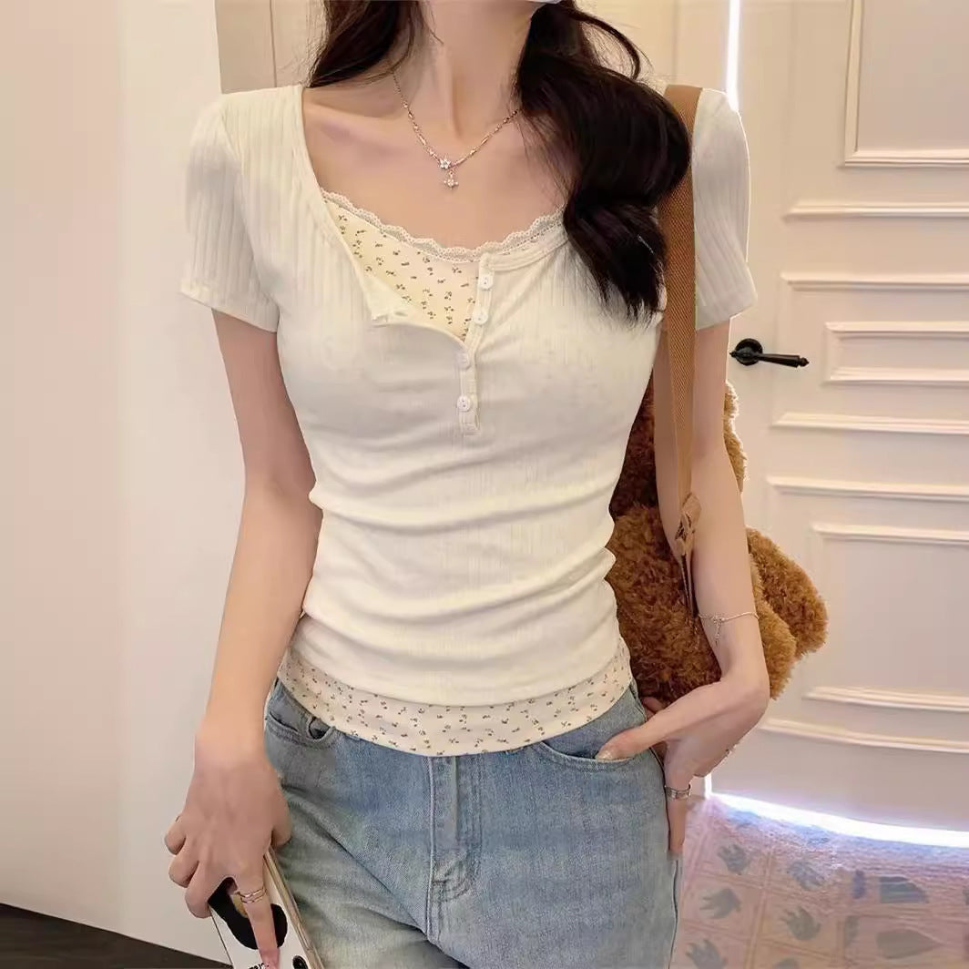 レースレイヤードリブTシャツ