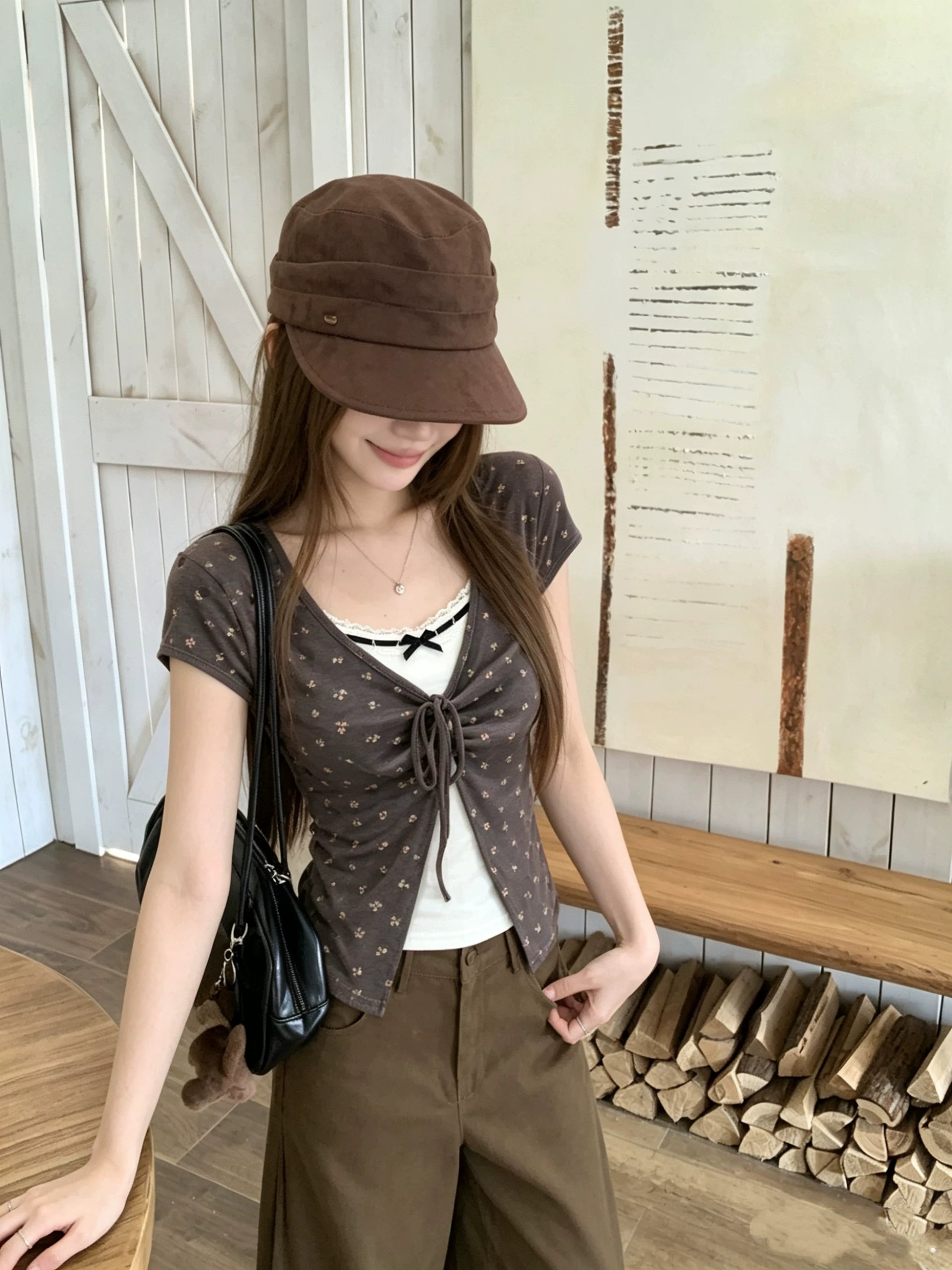 フェイクツーピースレースアップTシャツ
