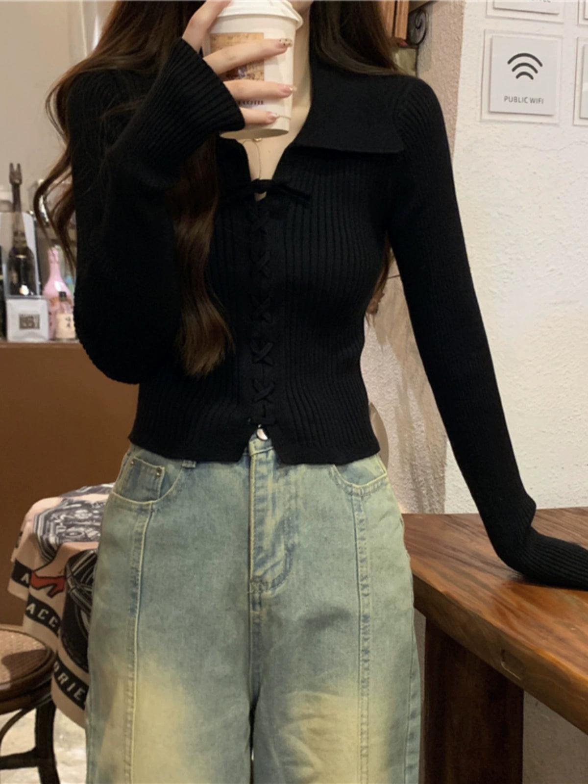 リボンデザインリブポロニット