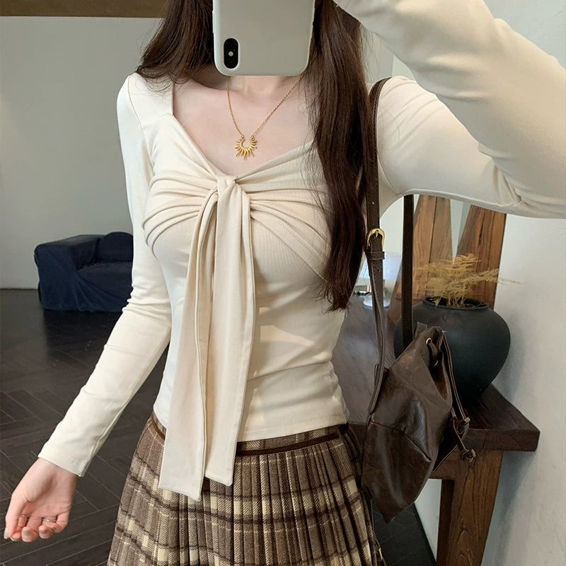 リボンVネックスリムリブトップス