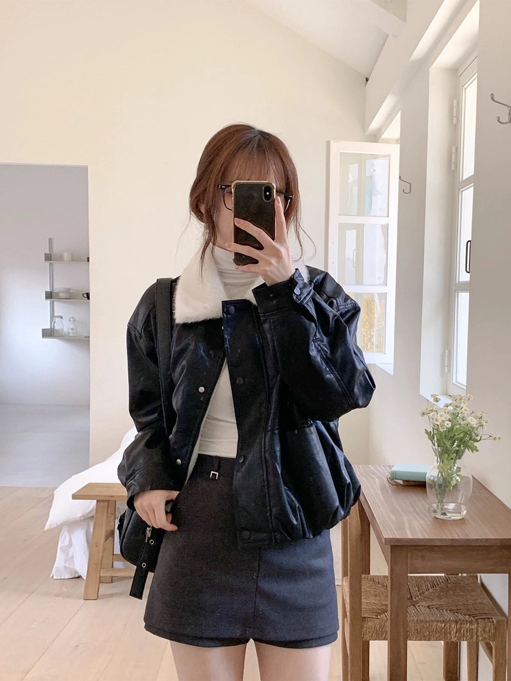 フェイクファーPUレザーショートブルゾン