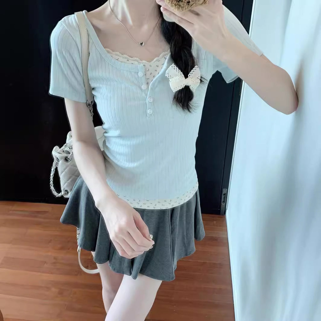 レースレイヤードリブTシャツ