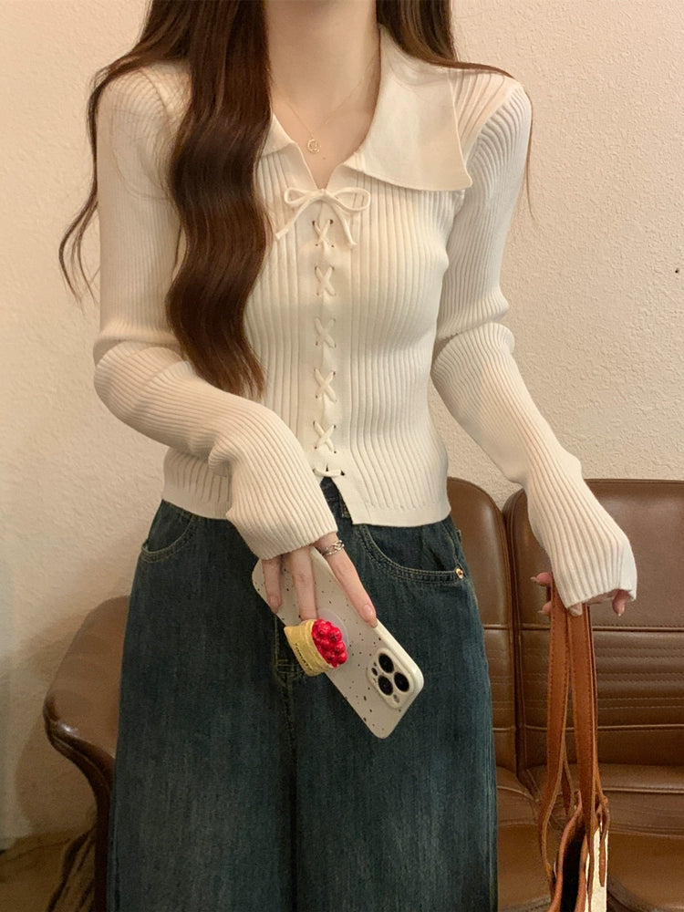 リボンデザインリブポロニット