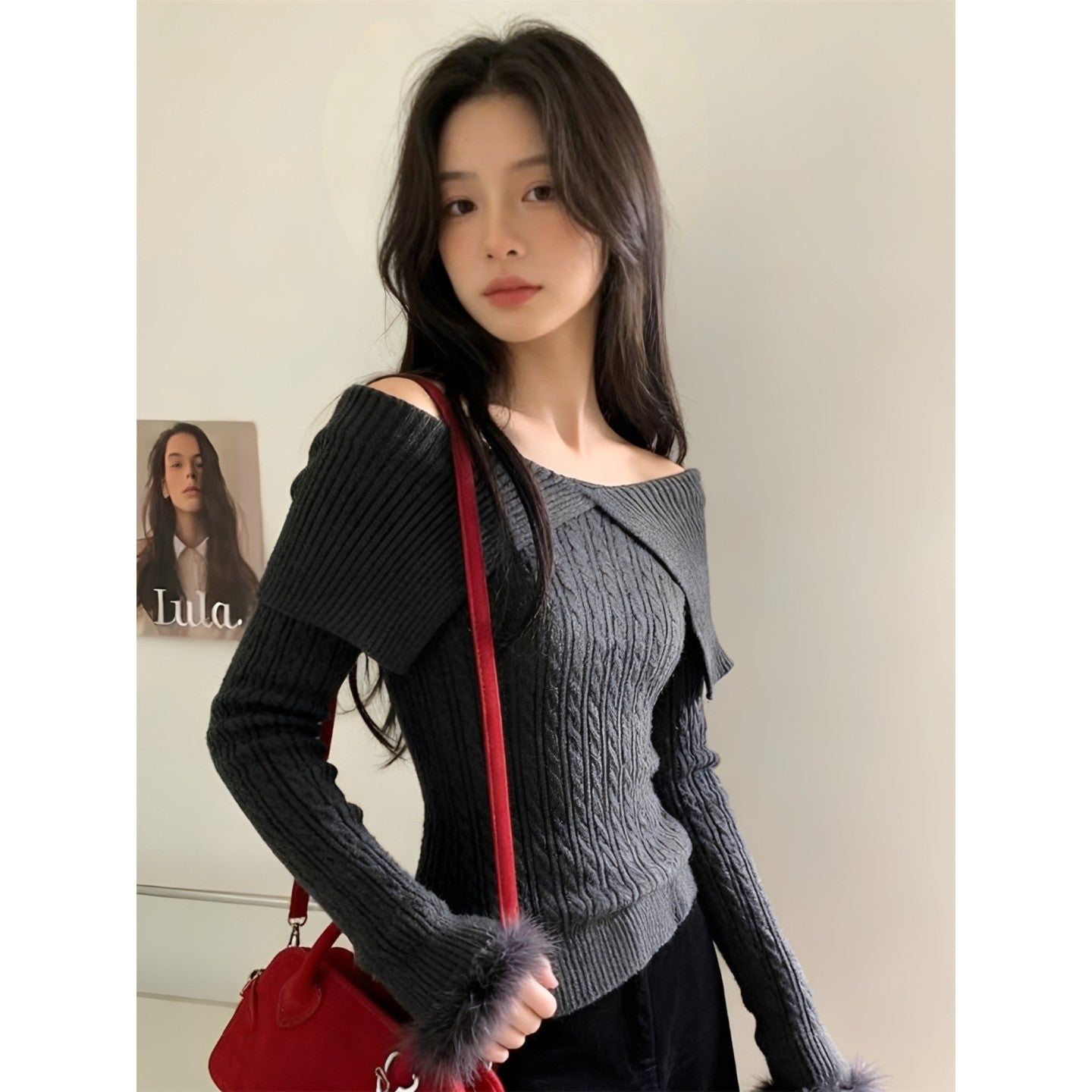 クロスオフショルリブニットトップス