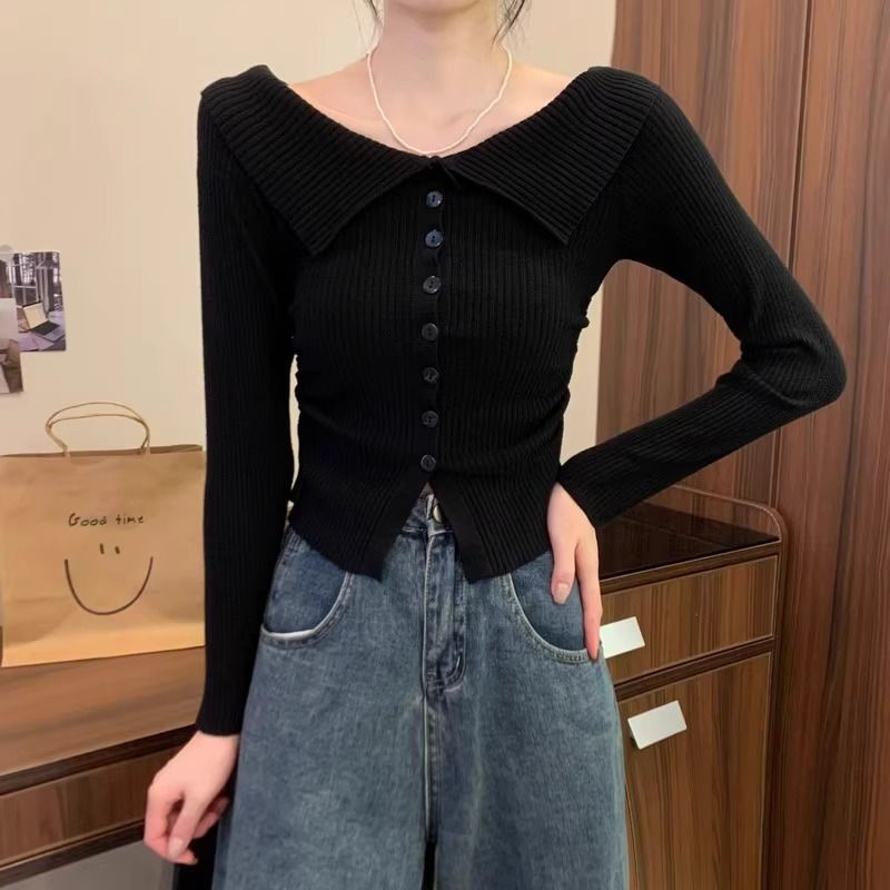 リブオフショルカラーニットトップス