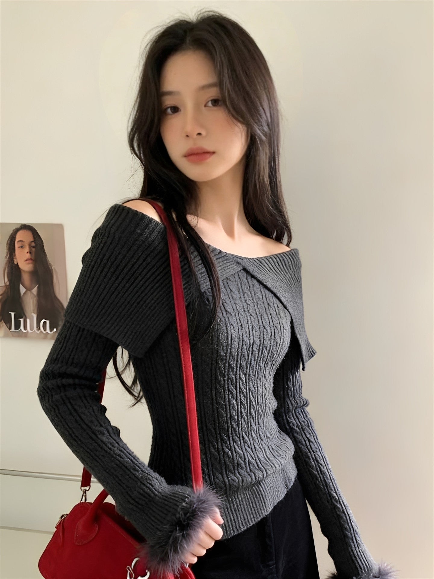 クロスオフショルリブニットトップス