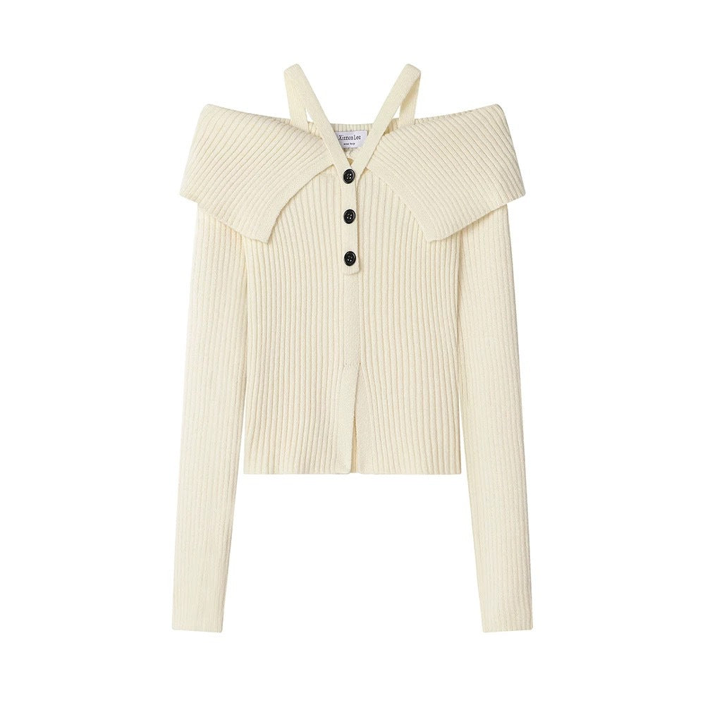 クロスストラップオフショルリブニット