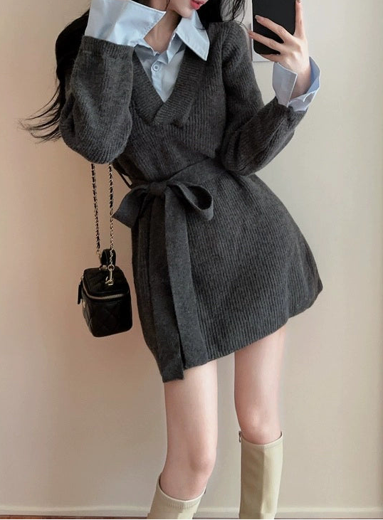 ウエストベルトプリーツニットワンピース