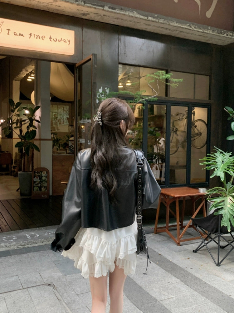 クロップドフェイクレザージャケット