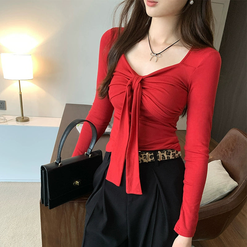 リボンVネックスリムリブトップス