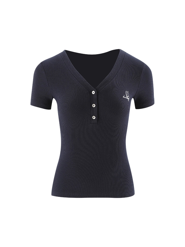 スリムフィットVネックリブTシャツ