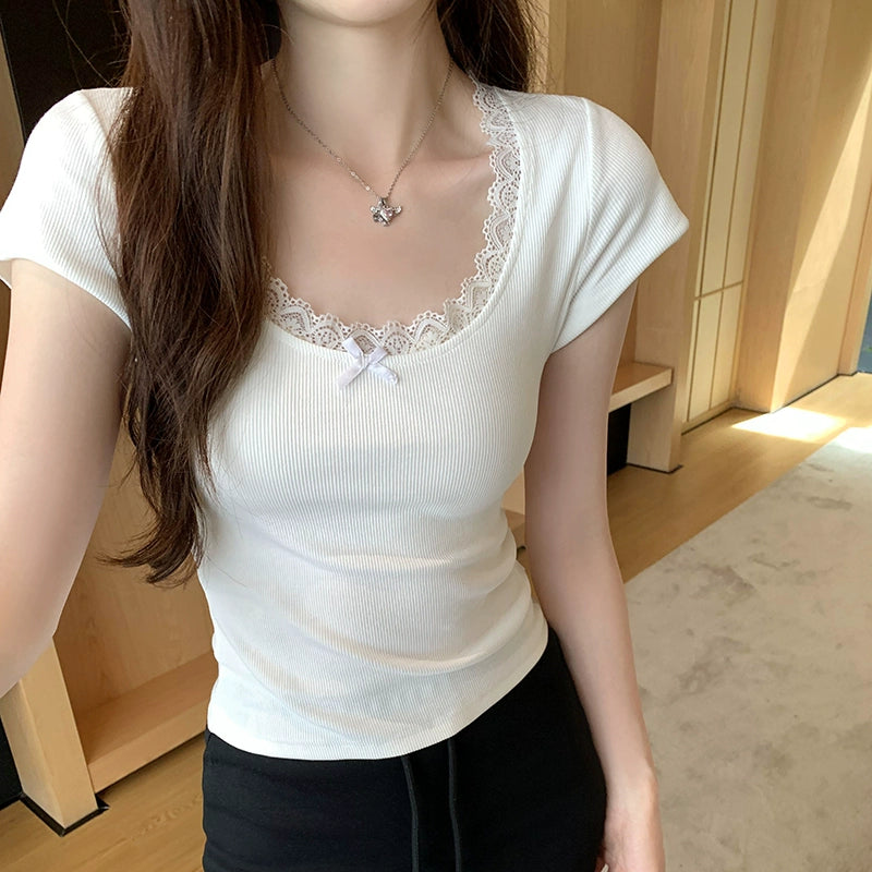 レースリボンリブフィットTシャツ