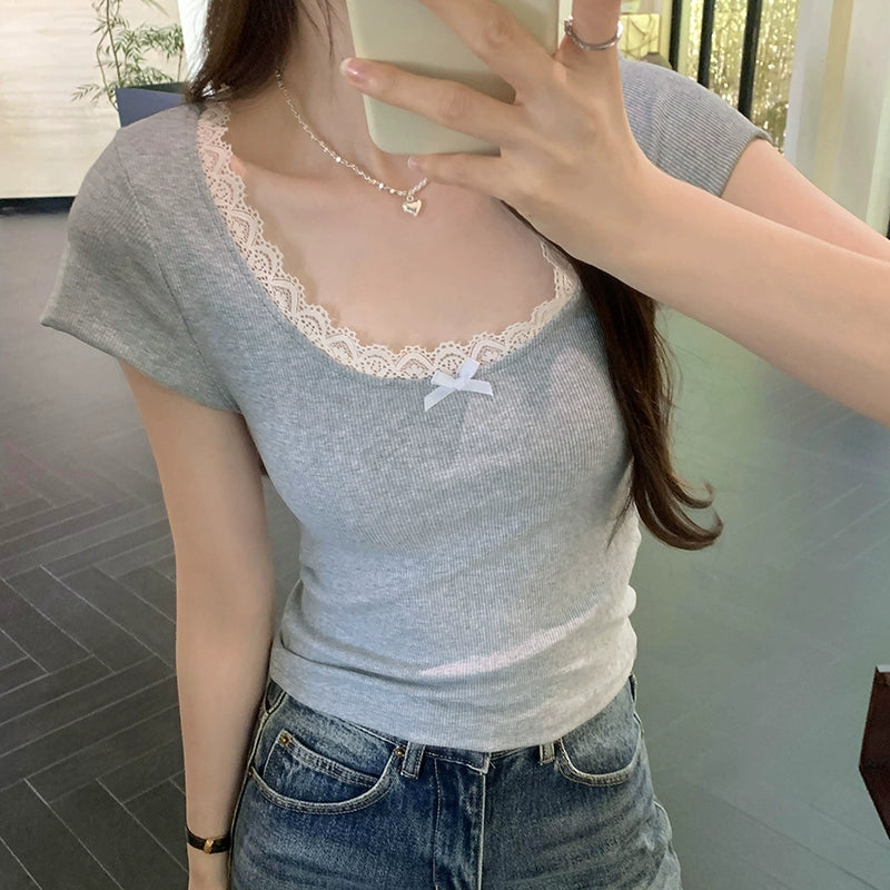 レースリボンリブフィットTシャツ