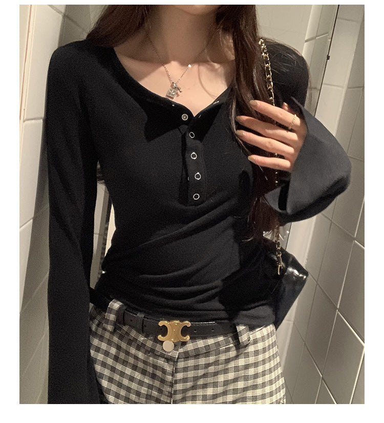 ハーフボタンラウンドネックロングTシャツ