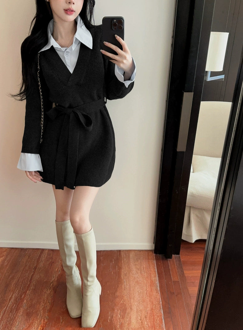 ウエストベルトプリーツニットワンピース