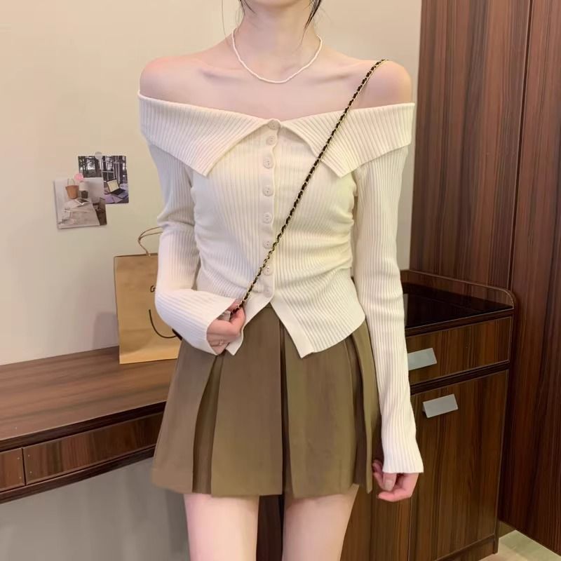 リブオフショルカラーニットトップス