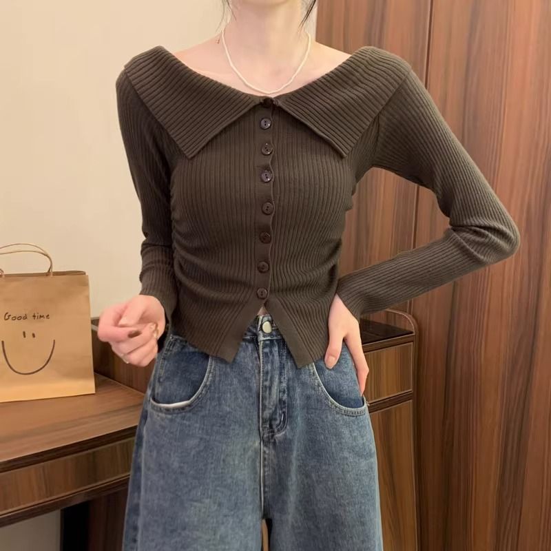 リブオフショルカラーニットトップス