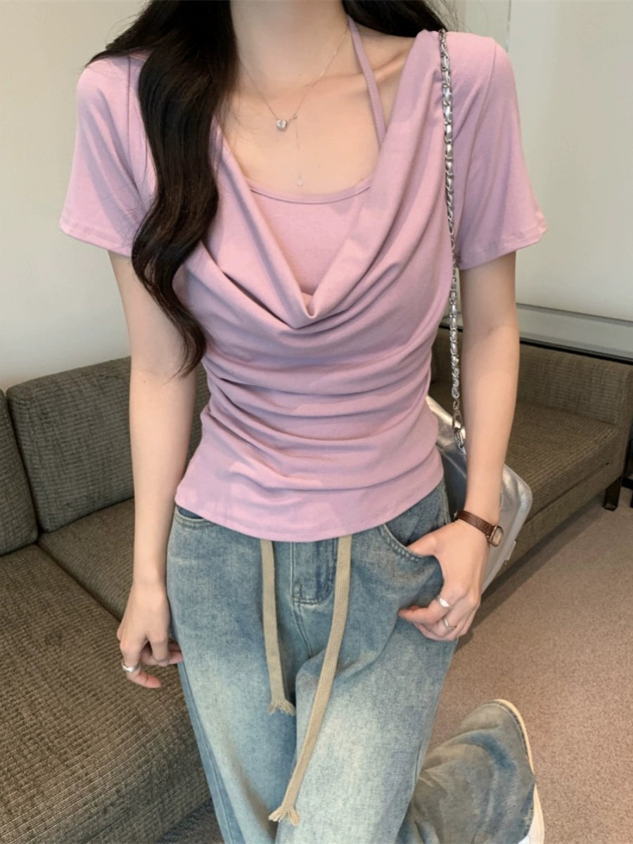 ホルターネックワンショルダーTシャツ