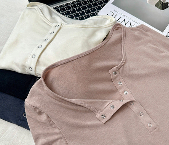 ハーフボタンラウンドネックロングTシャツ