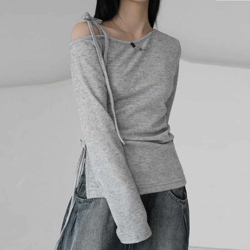 アシメリボンショルダーカットトップス