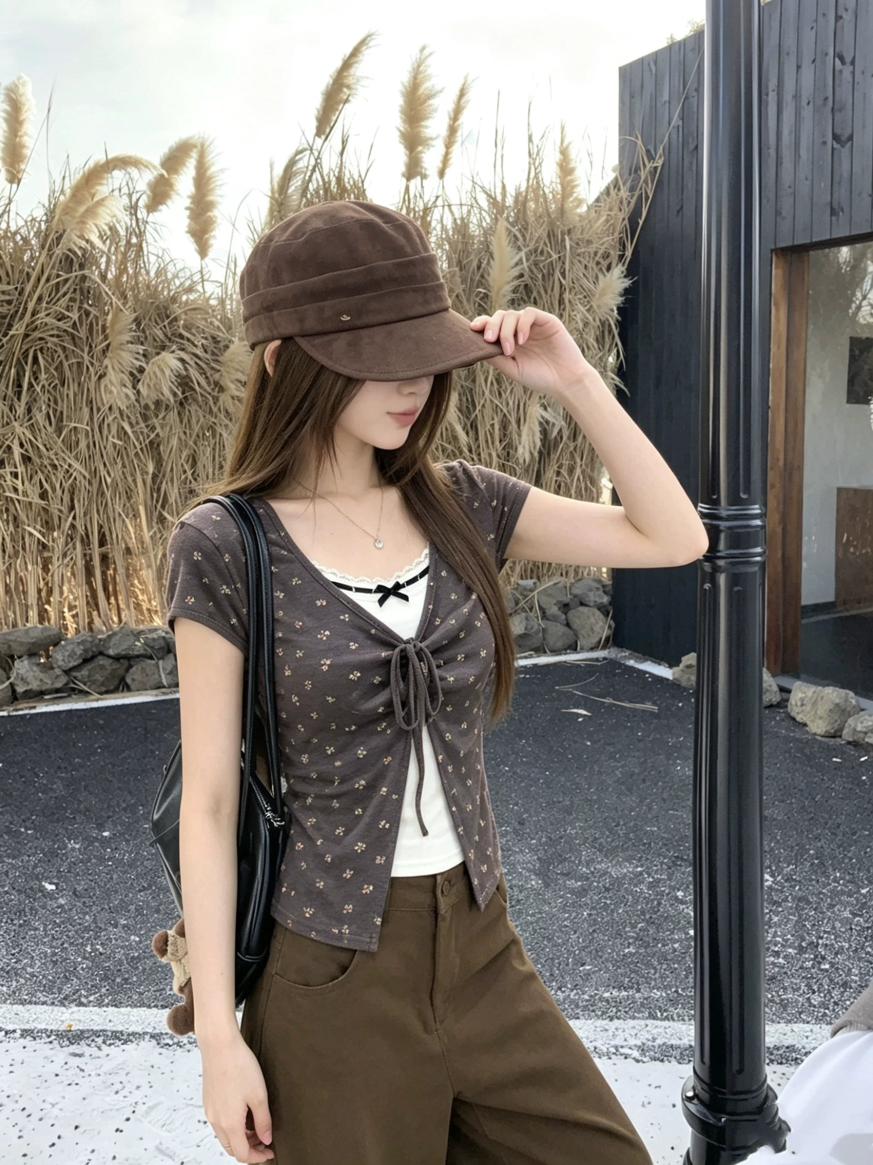フェイクツーピースレースアップTシャツ
