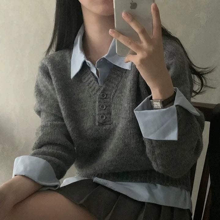 シャツドッキングボタンニット