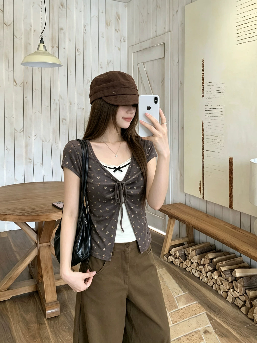 フェイクツーピースレースアップTシャツ