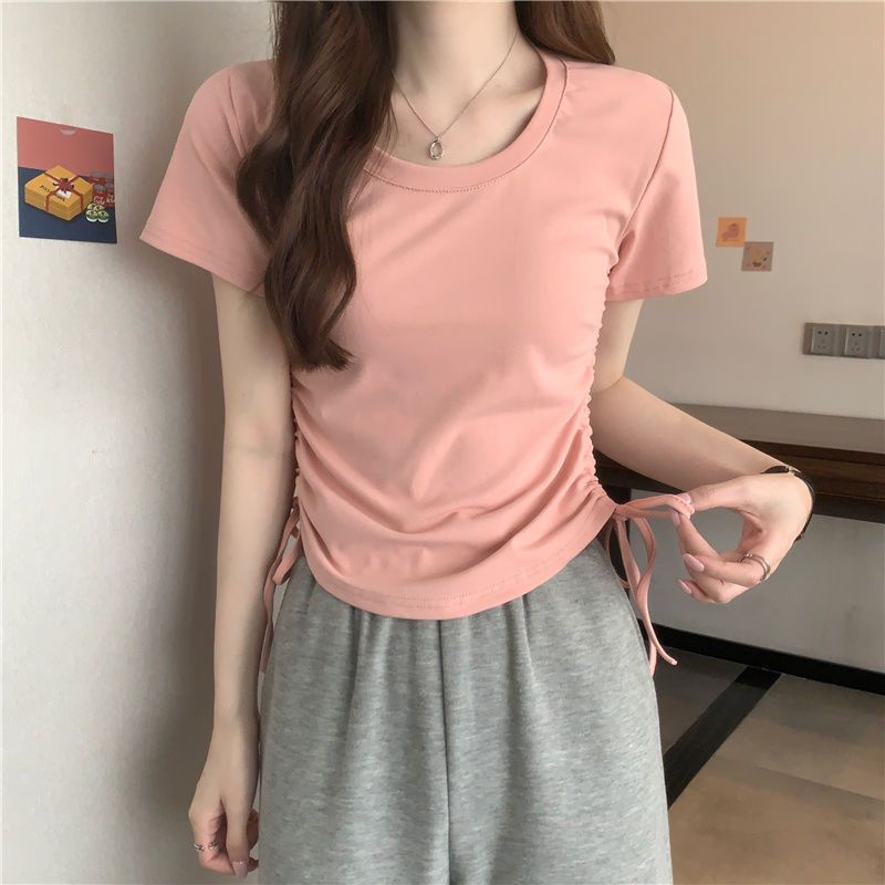 ラウンドネックサイドギャザーTシャツ