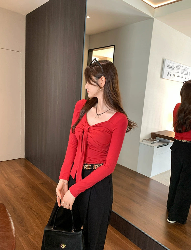 リボンVネックスリムリブトップス